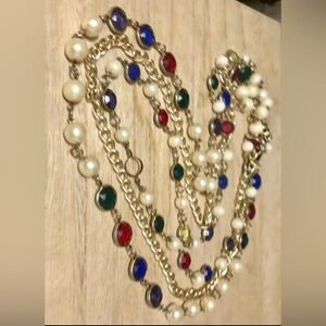 Vintage Multi Strand Multicolor Faux Pearl Beaded Chain Gold Tone